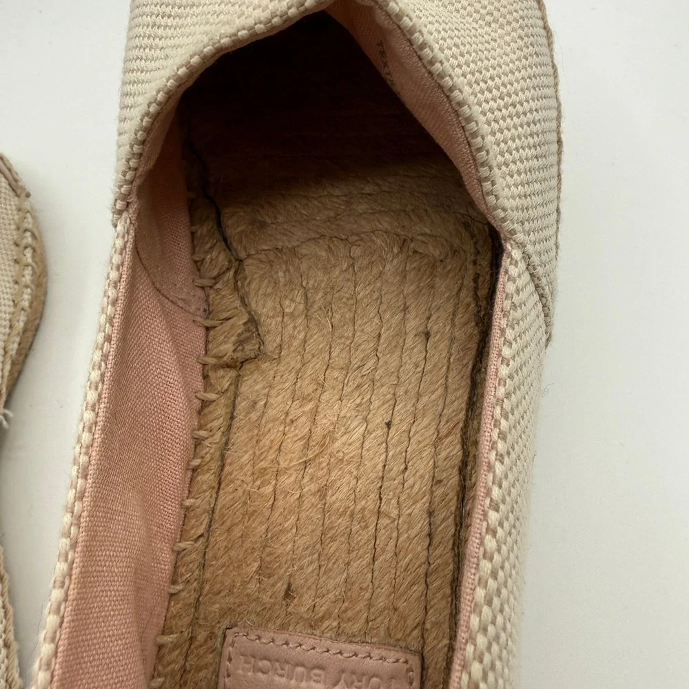 Tory Burch Espadrilles Women 8 Beige Pink Leather Logo Toe Cap Flat Slip On Shoe